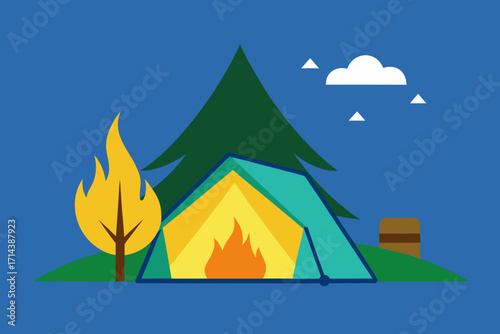 Cartoon camping tent near a bonfire vector illustration