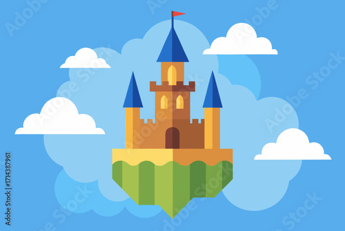 Cartoon floating castle above the clouds vector illustration
