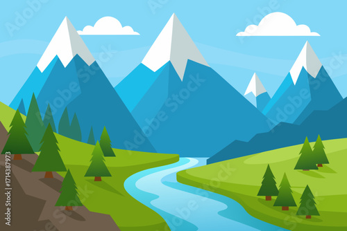 Cartoon mountain valley with a river vector illustration
