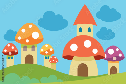 Cartoon fairy mushroom village vector illustration