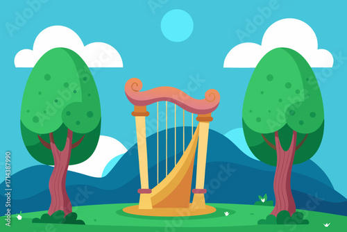 Cartoon enchanted harp in a grove vector illustration