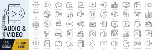 Multimedia line icons – editable stroke vector pack. sound, music, podcast, streaming, recording, playback, entertainment collection.