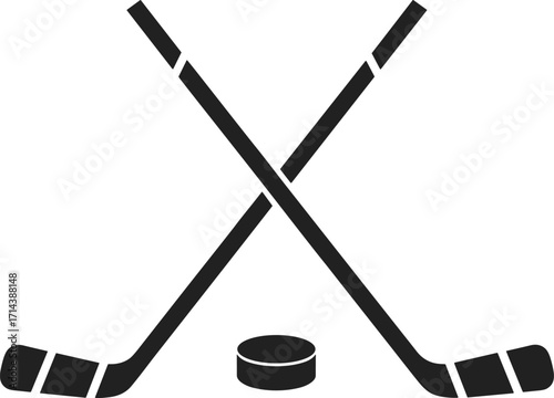 Crossed hockey sticks with puck symbol, ice hockey equipment silhouette design, sports competition illustration, black vector icon isolated on white background