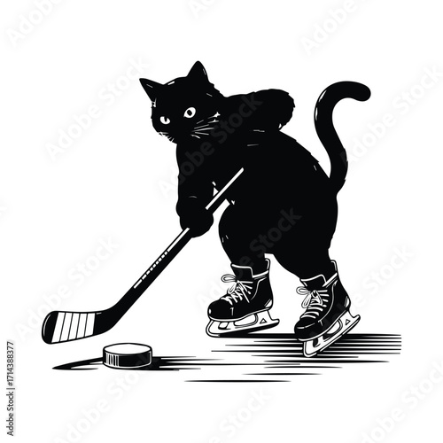 Black cat hockey player in silhouette skating with puck and stick