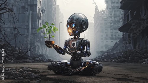 4k Futuristic robot sitting in post-apocalyptic city ruins holding a small green plant, symbolizing AI sustainability, hope, environmental recovery, and technology rebuilding a destroyed world.