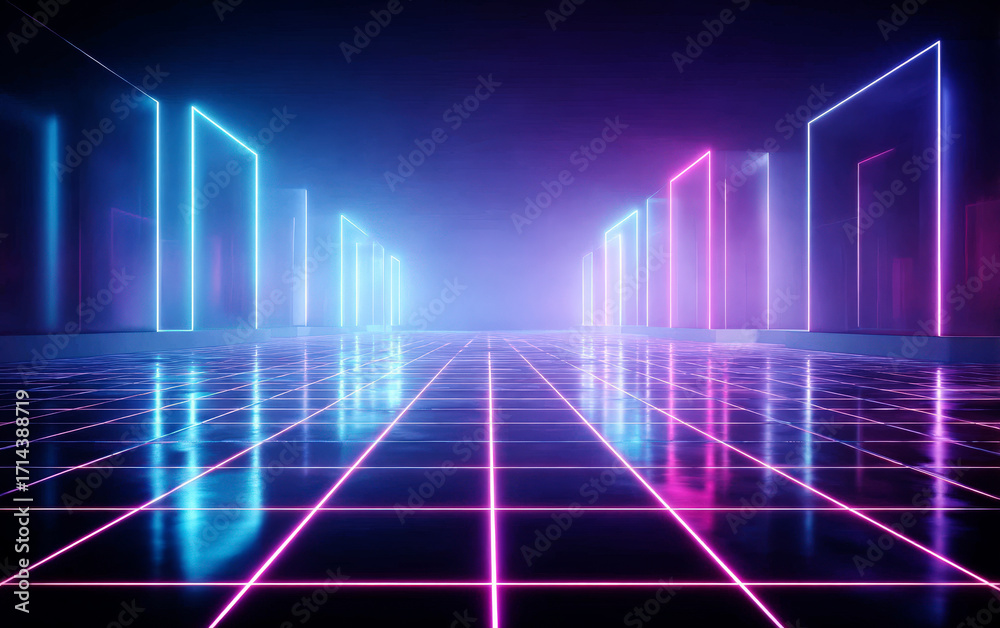 Fototapeta premium Futuristic neon-lit corridor with glowing lines and geometric shapes