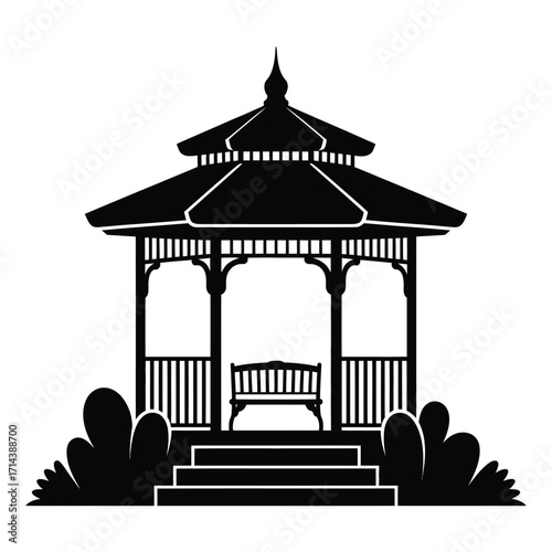 Scalable vector silhouette illustration of a classic gazebo with bench and garden plants silhouette vector illustration white background