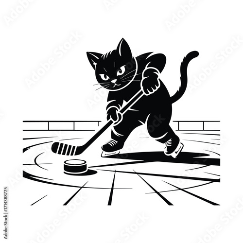Black cat playing hockey with a puck and stick silhouette