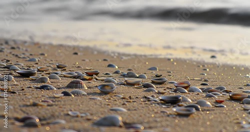 Wallpaper Mural Beach scene with seashells and gentle waves at sunset Torontodigital.ca