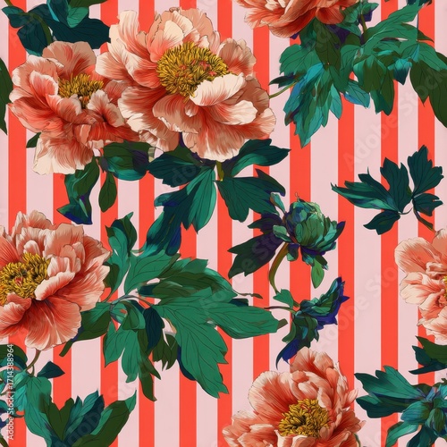 Vibrant Peony Blossoms on Bold Striped Background.
