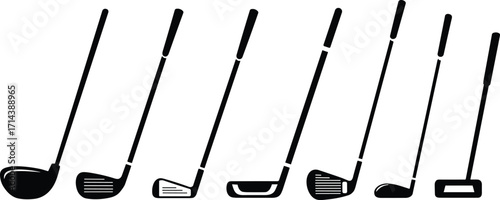 Golf club vector illustration set, different types of clubs including driver, iron, wedge, putter, black silhouette design for sports, tournament, equipment