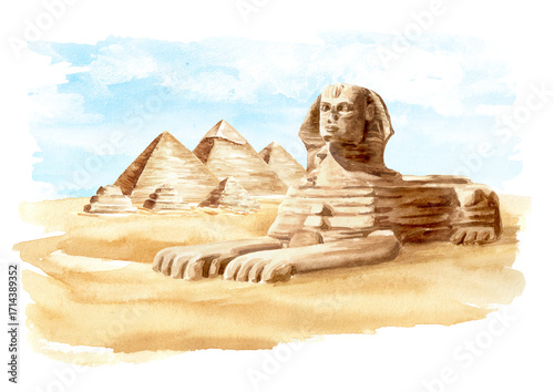 The Great Sphinx and Pyramids in Giza, Egypt. Hand drawn watercolor illustration isolated on white background