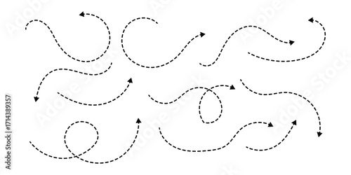 Squiggle line dashed arrow. Dash curved vector editable stroke arrow. Isolated on white background. Vector illustration