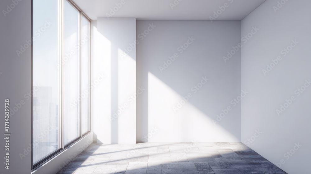 Fototapeta premium Minimalist empty room featuring a large window, filled with soft ambient daylight for a modern interior feel.