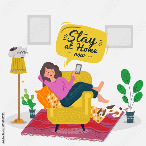 Stay home during coronavirus epidemic. Staying at home in self quarantine, protection from virus. Social Media Post Template