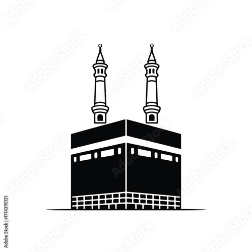 Stark black and white illustration of the kaaba mosque symbolizing islamic faith and pilgrimage silhouette vector illustration white background