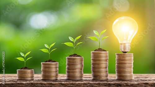 Growing plants on stacks of coins with a glowing light bulb symbolizing growth and ideas