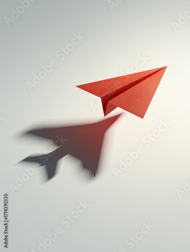 A red paper airplane in flight casts a large jet-like shadow on a light gray surface, symbolizing ambition and potential