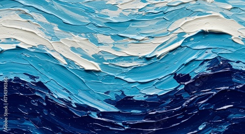 Abstract ocean waves painting with thick paint texture in blue and white