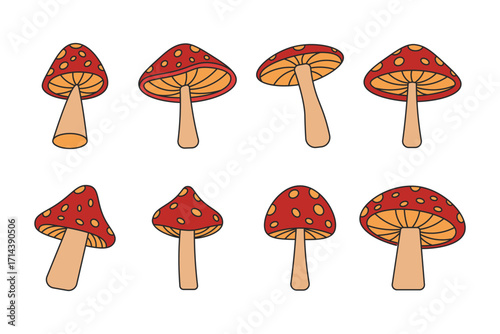 Set of Red Mushroom Cartoon Icons – Colorful Toadstool Fungus Vector Illustration