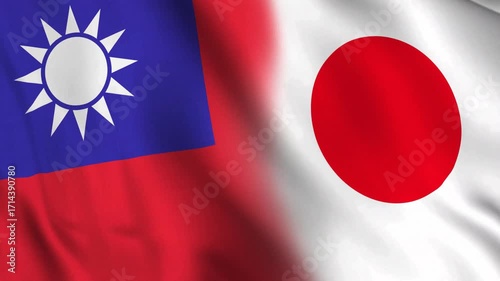 Taiwan and Japan waving together in the wind as diagonal flags, symbolizing mutual respect and longstanding connections.