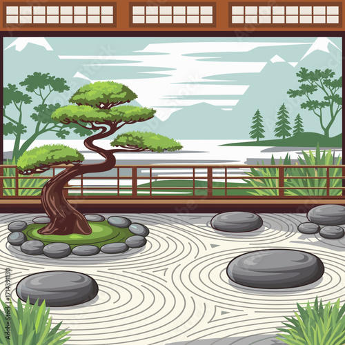 Vector design of a zen garden with bonsai tree, stones, and raked sand