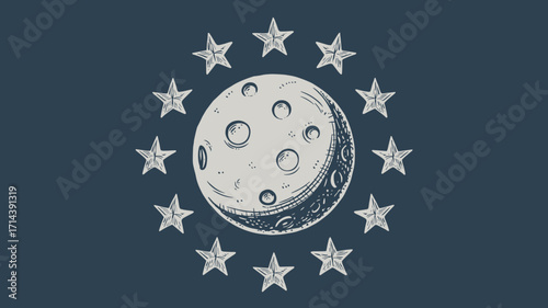 Vector hand-drawn celestial scene with large textured moon and halo of stars on dark blue sky