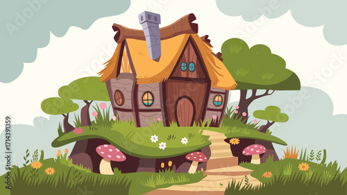 Vector illustration of wooden fairytale house with thatched roof on mushroom hill