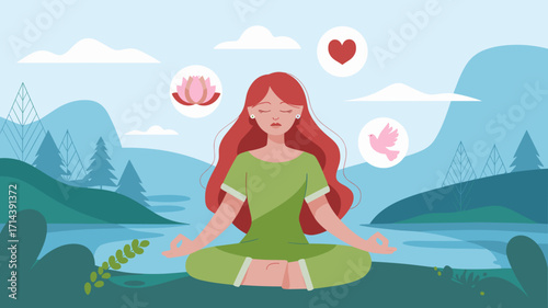 Vector illustration of red-haired woman meditating with floating spiritual symbols