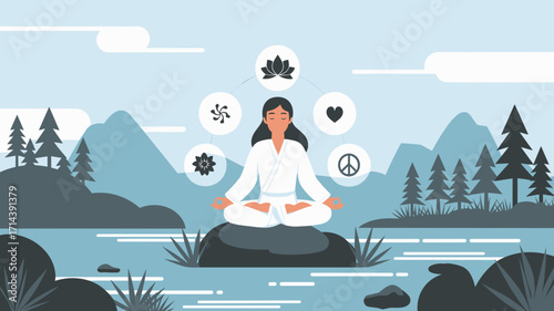 Vector illustration of woman meditating on rock in serene natural landscape