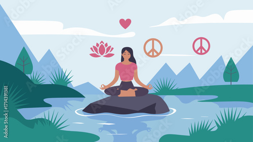 Vector illustration of woman meditating cross-legged on rock surrounded by water