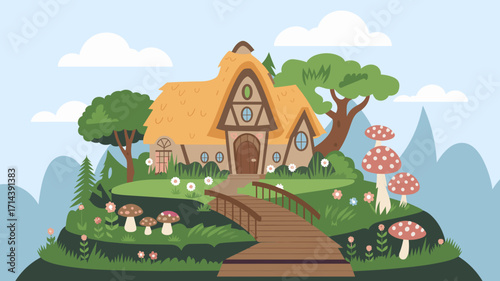 Vector illustration of fairytale house with thatched roof and wooden bridge on mushroom hill
