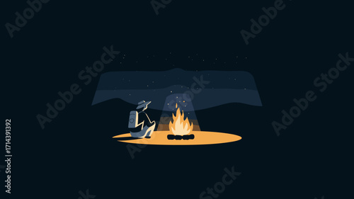 Minimalist illustration of solo traveler sitting near glowing campfire in night desert