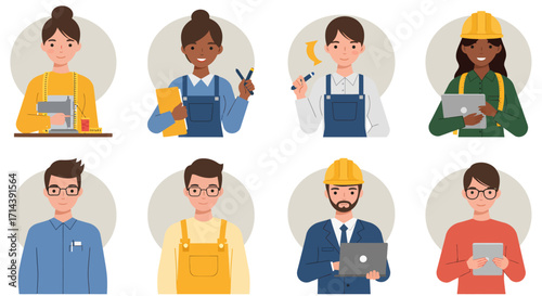 Flat-lay illustration of diverse professionals holding tablets and tools against a white background, conveying a professional and positive mood.