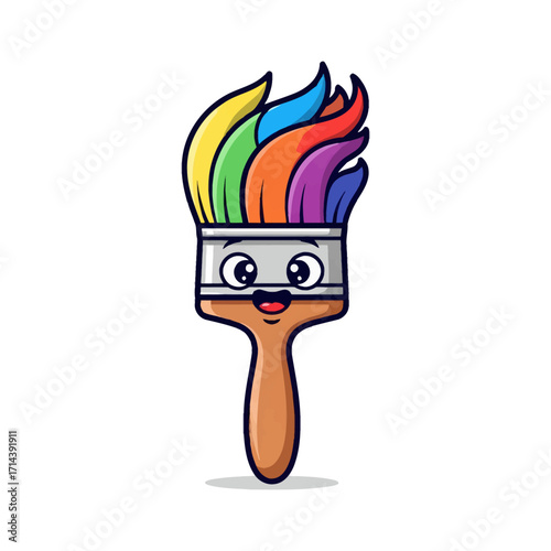 Cartoon paint brush with rainbow colors, happy smile, and wooden handle for art and creativity