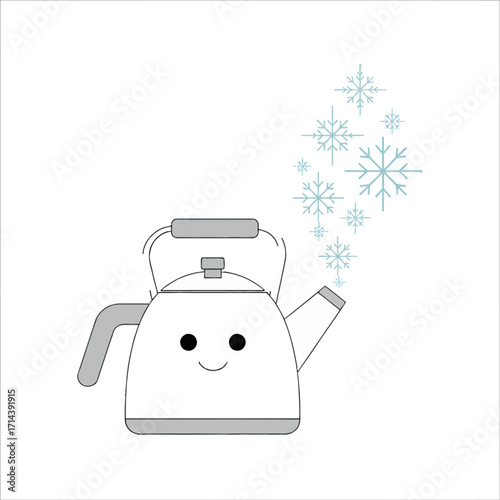 A charming cartoon kettle with a happy smiling face ironically releasing a flurry of cold snowflakes instead of hot steam