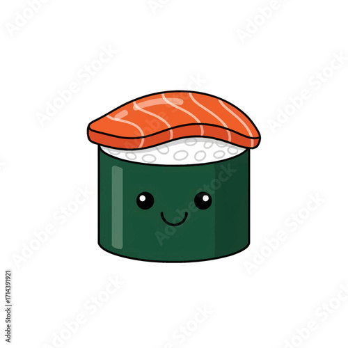 Delightful cartoon illustration of a happy, smiling sushi roll topped with fresh salmon, representing tasty Japanese cuisine and playful food concepts, ideal for menus or food-related designs