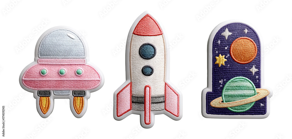 Fototapeta premium Colorful Space-Themed Embroidered Patches of Rocket and UFO Design