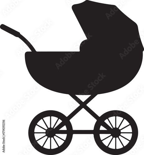  black silhouette of baby stroller on white background, vector