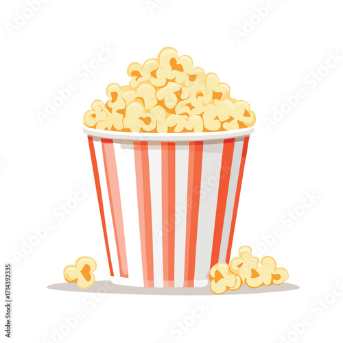 A full bucket of buttery popcorn with red and white stripes, ready for movie night.