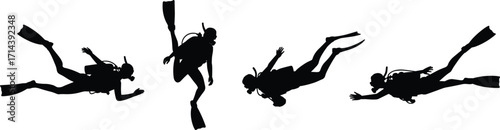 Scuba divers underwater silhouette illustration with diving fins, oxygen tanks, snorkel masks, design