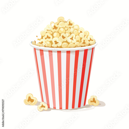 A paper container of popcorn, red and white striped, full of kernels.
