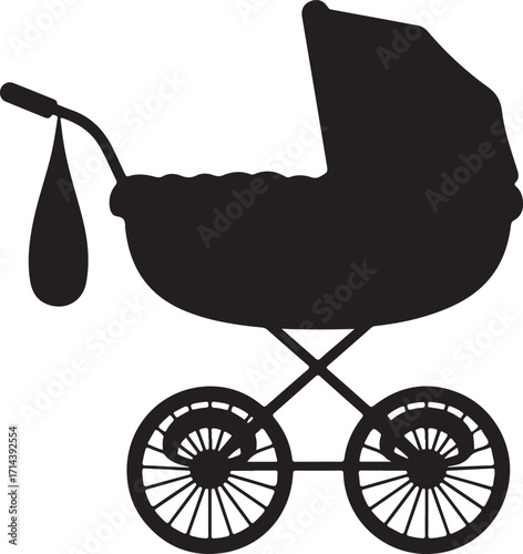 black silhouette of baby stroller on white background, vector