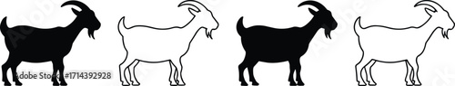 Silhouette and outline goat illustration set, farm animal vector collection, domestic livestock design, agriculture symbol, nature concept, editable graphic for farming projects
