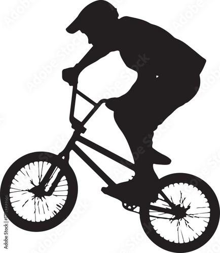  Black silhouette of BMX rider jumping, white background, minimal style