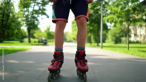 Fast man rollerblading close up park. Sporty teen guy enjoy roller skating. Skater boy rollerskating city street. Blades closeup low angle view. Joyful person ride. Fun active kid wear wheel shoes