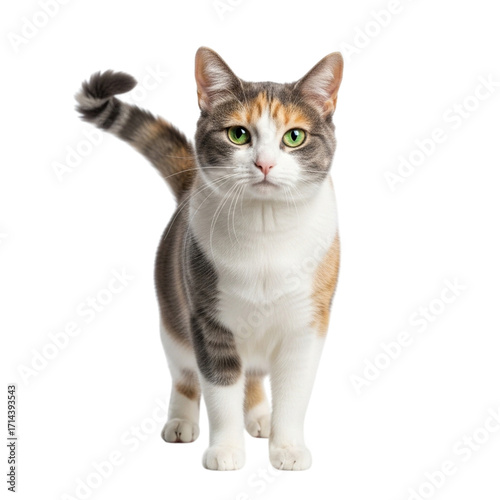 Calico cat standing against a black background looking directly forward