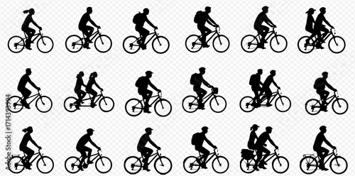 Collection of black silhouettes depicting diverse individuals and couples riding bicycles, including single riders, tandem bikes, and cyclists with backpacks...