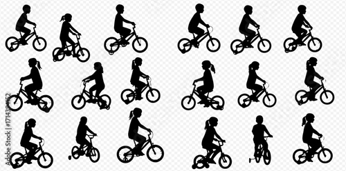 A collection of black silhouettes featuring children, both boys and girls, riding bicycles with some bikes equipped with training wheels.