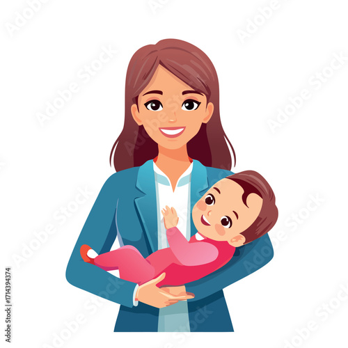 Smiling woman in a blue jacket holding a happy baby, looking directly at the viewer.